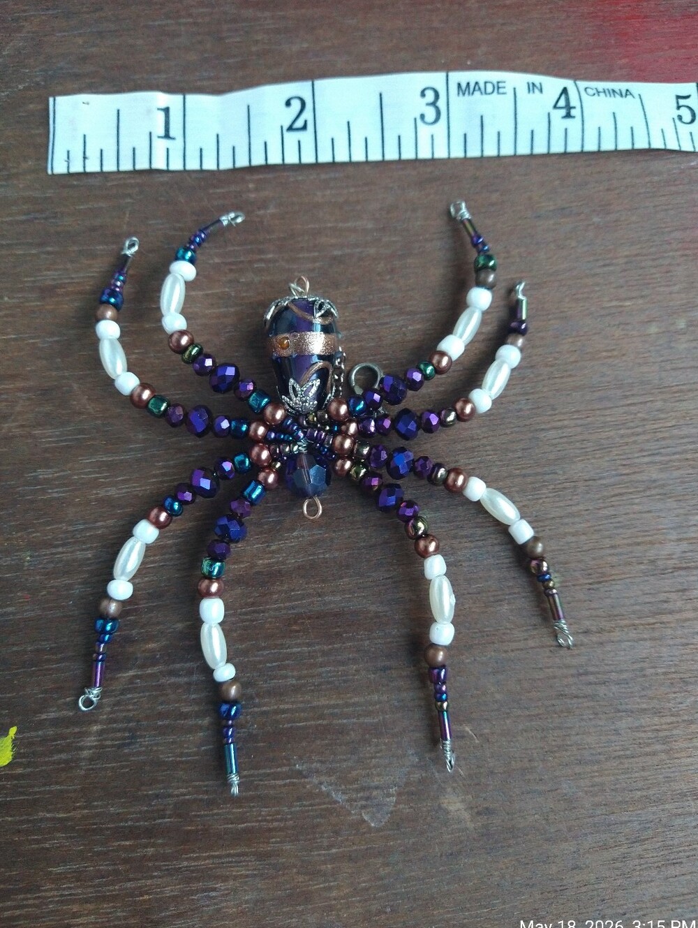 Hand Crafted • Beaded Spider Pendant Necklace - Purple, Brown & Pearl - Picture 6 of 12